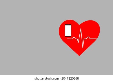 forma de corazón rojo, gráfico de monitor de frecuencia cardíaca blanca y pequeño smartphone en el interior aislado sobre fondo gris con espacio de copia, concepto para publicidad de centro de llamadas médicas, etc