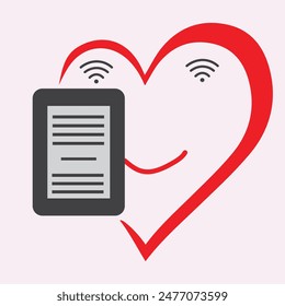 Red heart shape with wi-fi eyes and e-book