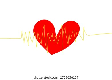 Forma de coração vermelho com linha de pulso amarela do eletrocardiograma. Símbolo de cardiologia médica com ritmo de batimento cardíaco. Ilustração vetorial abstrata da onda do monitor cardíaco