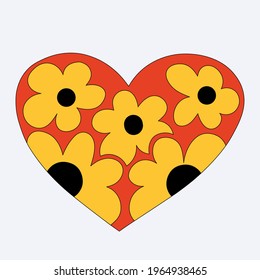 red heart shape with yellow flowers. Chamomile on a valentine. Romantic greeting card in 60s and 70s hippie style for valentine's day. Bizarre funky summer sticker. Isolated tattoo template.