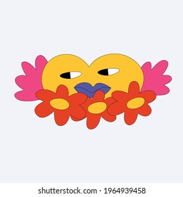 red heart shape with yellow flowers and eyes.Chamomile on a valentine.Romantic greeting card in 60s and 70s hippie style for valentine's day. Bizarre funky summer character. Isolated tattoo template.