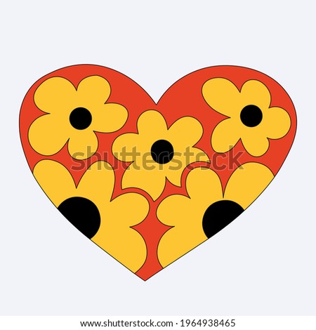 red heart shape with yellow flowers. Chamomile on a valentine. Romantic greeting card in 60s and 70s hippie style for valentine's day. Bizarre funky summer sticker. Isolated tattoo template.