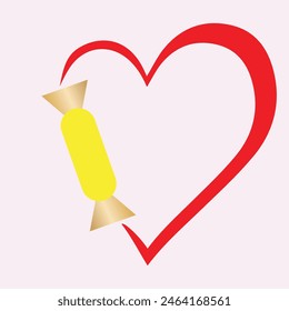 Forma de corazón rojo y caramelo envuelto amarillo