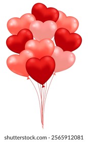 Red heart shaped 3d balloons isolated on white background. Vector 10