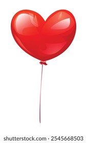 Red heart shaped balloon with glossy highlights on the string. Vector cartoon illustration