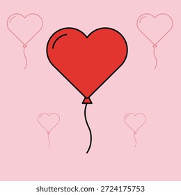 Icono de Ilustración vectorial de globo en forma de corazón rojo en estilo de dibujos animados planos con fondo de patrón rosa