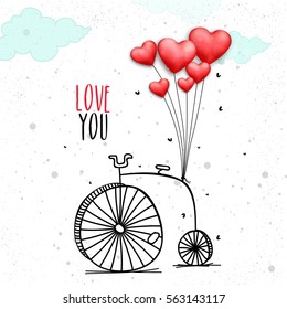 Red Heart shaped Balloons binding on Penny Farthing Bicycle. Creative illustration for Happy Valentine's Day celebration or Love concept.