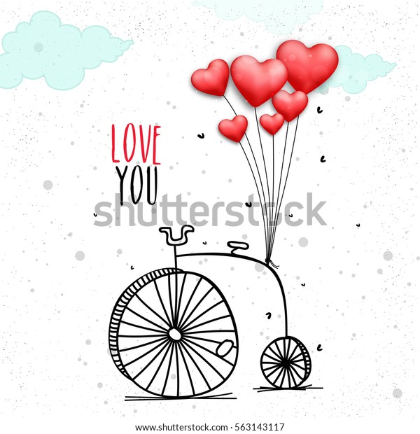 ペニー物の自転車に結びつく赤いハート型風船 ハッピーバレンタインデーのお祝いやラブのコンセプトのクリエイティブイラスト のベクター画像素材 ロイヤリティフリー