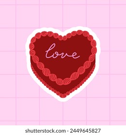 Red heart shaped cake with word love. Vector flat illustration sticker on checkered background. Valentine's day or birthday holiday concept