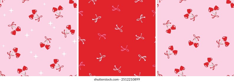 Red heart shaped Cherries cherry seamless vector pattern with ribbons and bows. Hand drawn pretty cute girly doodle in pink and red. For Valentines day, love, romance, fashion, teens, girls, paper.