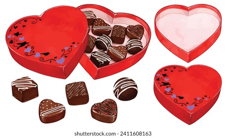 Caja de chocolate con forma de corazón rojo para vectores de acuarela Día de San Valentín. Concepto de amor y romance