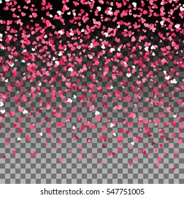 Red Heart shaped confetti for Valentine day background. Design layout template. Vector illustration on transparent background. Festive romantic confetti.