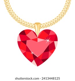 Red heart shaped diamond. Gold chain with beautiful pendant. Vector illustration of jewelry. 