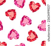 Red heart shaped diamond seamless pattern. Love background. Vector flat illustration of ruby crystal. 