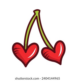 Red heart shaped double cherry fruit with no leaves colored vector illustration icon with outline isolated on white square background. Simple flat minimalist art styled cartoon drawing.