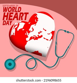 A red heart shaped earth with a stethoscope and bold text on a pink background to commemorate World Heart Day on September 29