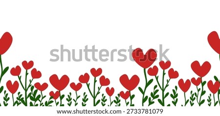 Red heart shaped flowers vector banner with green stems and leaves on white background