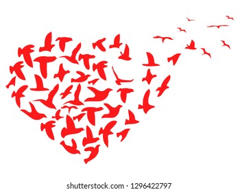 red Heart shaped flying birds background