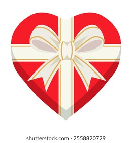 Red heart shaped gift box with light gold ribbon and bow