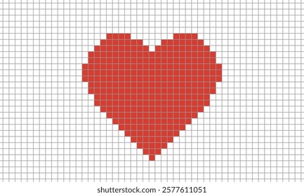 Red heart shaped made from square pattern looks like a knitting. Vector Illustration.