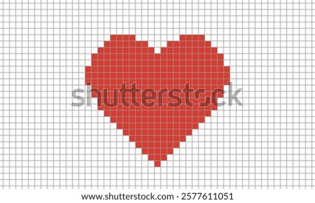 Red heart shaped made from square pattern looks like a knitting. Vector Illustration.
