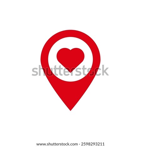 Red heart shaped map pin symbol representing location and love, set