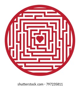 Red heart shaped in the middle of round maze game on white background, EPS8