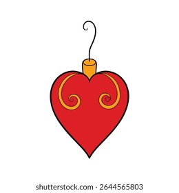a red heart shaped ornament with golden swirl deta