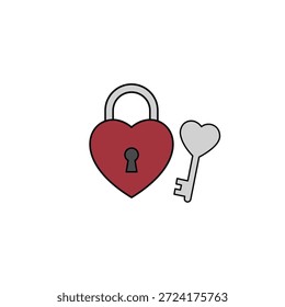 Candado rojo en forma de corazón con el icono de la Ilustración vectorial de la llave en estilo plano de la historieta aislado