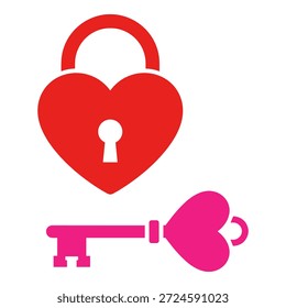 Candado en forma de corazón rojo con ilustración de llave de corazón rosa a juego