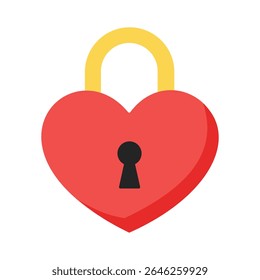 A red heart shaped padlock with a yellow shackle and black keyhole.