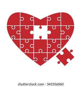 Red heart shaped puzzle with one missing puzzle piece isolated on white. EPS 10 vector illustration, no transparency