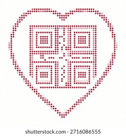 Corazón rojo en forma de código QR hecho de puntos Pequeños sobre fondo blanco