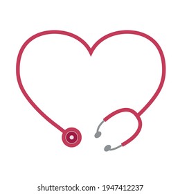 Red heart shaped stethoscope. Simple stethoscope icon with heart shape. Health and medicine symbol. 