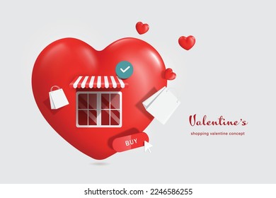 red heart shaped store or shop,shopping bags,order confirmation icon,buy button floating in air,vector 3d isolated on white background for 
online shopping valentine day concept and advertising design