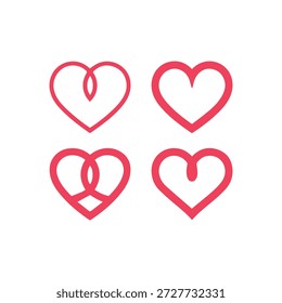 Red heart shapes with creative twists and overlapping designs on white