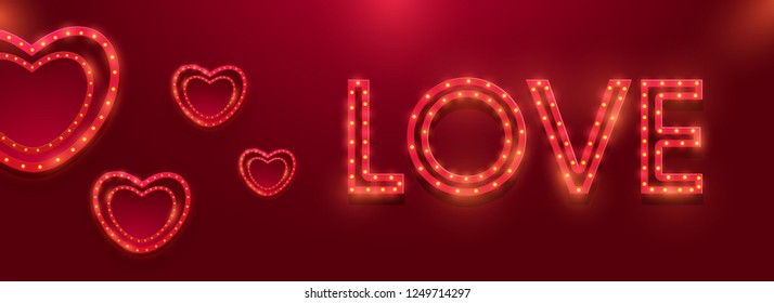 Red heart shapes decorated with marquee lights, love banner design.