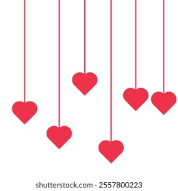 Red heart shapes hanging from strings on a white background, creating a minimalist and romantic design.