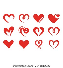 Red heart shapes isolated on white background in various designs