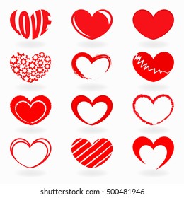Red heart shapes isolated on white background vector set. Heart icons collection