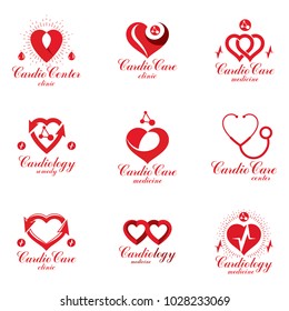 Red heart shapes made using ecg charts and caring hands. Set of cardiovascular system diseases remedy conceptual vector logotypes for use as cardio center emblems.