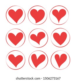 Red Heart Shapes on White Background. Flat Heart Silhouettes Vector. icons. Love symbols. Vector illustration Design Elements Set.