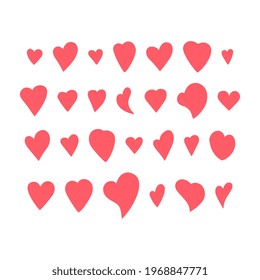 Red Heart Shapes on White Background. Love symbols. Flat Heart Silhouettes Vector. icons. Design Elements Set