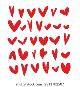 Red heart shapes on a white background. Symbols of love. Vector silhouettes of a flat heart. icons Set of vector illustration design elements. - Vector