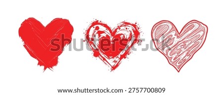 Red heart shapes painted and drawn various styles for valentines day or love concept