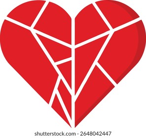A red heart is shattered into many pieces, isolated on white background