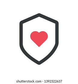 Red heart in shield icon isolated on white background. Helthcare logo symbol modern, simple, vector, icon for website design, mobile app, ui. Vector Illustration