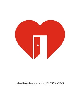 Red heart sign with open door, symbol of cordiality, open feeling, trust, simole vector icon isolated on white background