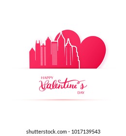 Red heart and silhouette of Atlanta city paper stickers. Valentine card in paper art style.