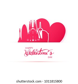 Red heart and silhouette of Barcelona city paper stickers. Valentine card in paper art style.